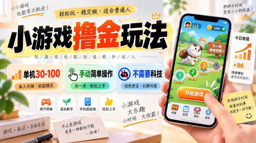 小游戏撸金玩法，单机30-100，手动简单操作，不需要科技