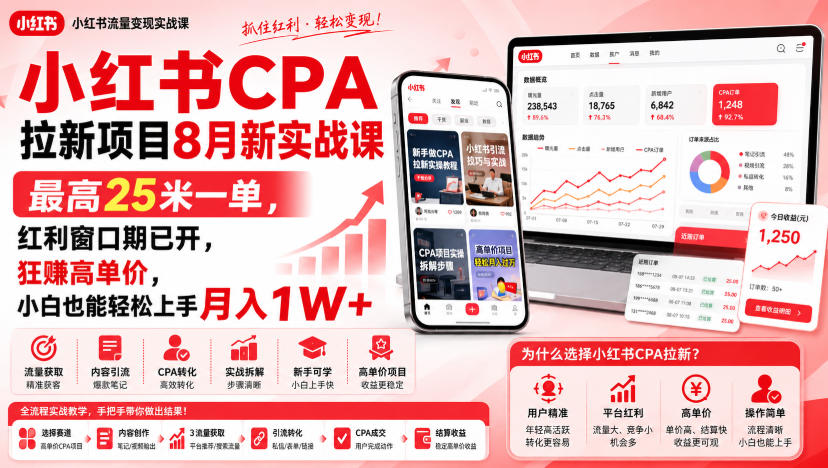 小红书CPA拉新项目8月新实战课，最高25米一单，红利窗口期已开，狂賺高单价，小白也能轻松上手月入1W+（更新0923）