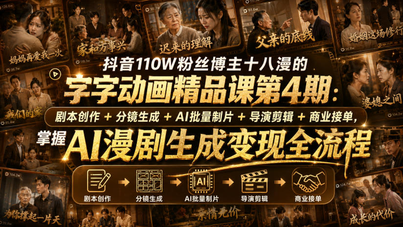 抖音110W粉丝博主十八漫的字字动画精品课第4期:剧本创作+分镜生成+剪辑+商业接单,掌握AI漫剧生成变现全流程(更新0916)