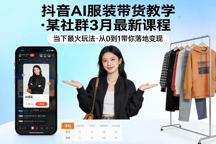 抖音AI服装带货教学，某社群3月最新课程，当下最火玩法，从0到1带你落地变现