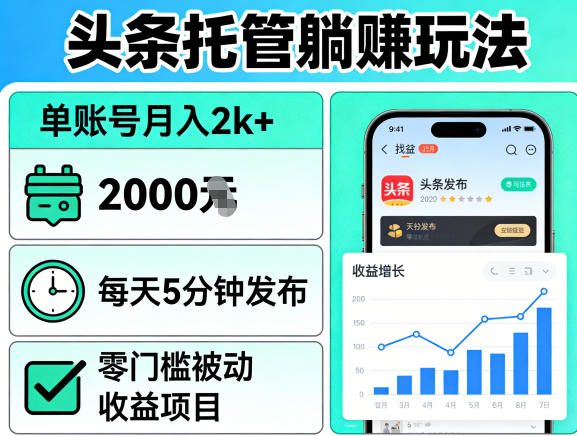 头条托管躺賺玩法,单账号月入2k+,每天5分钟发布即可,零门槛被动收益项目【揭秘】